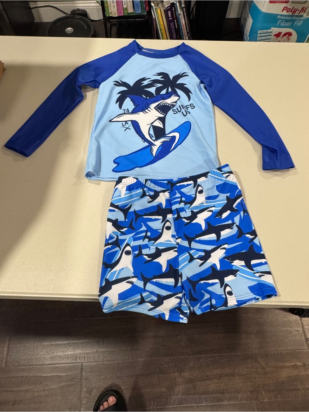 Kids Blue Shark Rash Guard Swim Set - Long Sleeve Top & Shorts